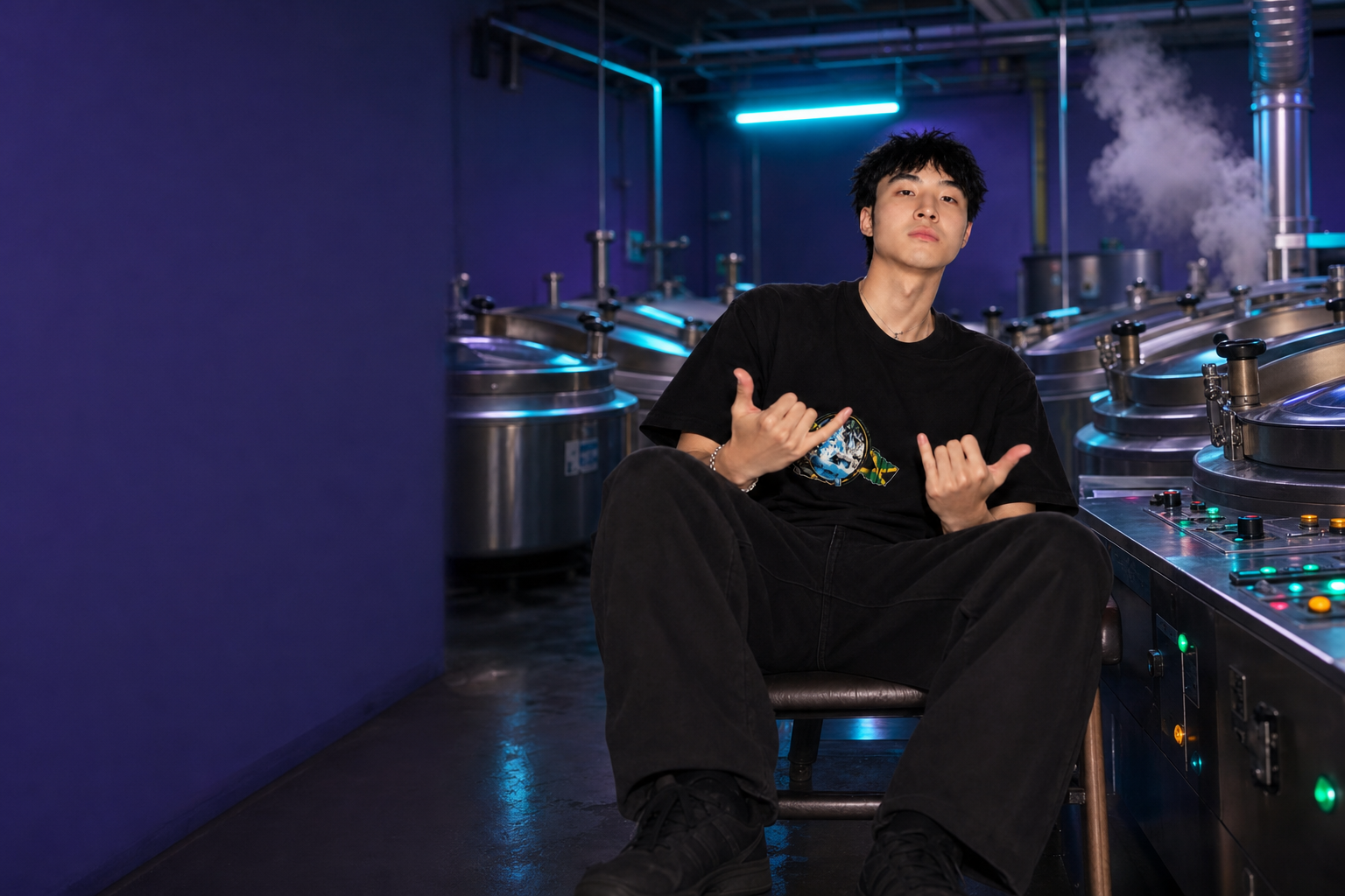 KimchiOS seated between steel fermentation tanks in a violet pantry room, flashing two shakas