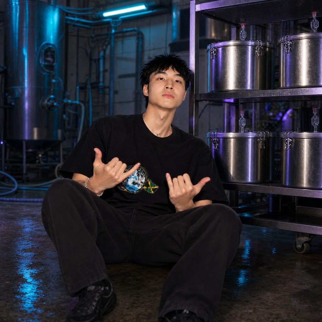 KimchiOS sitting on a wet floor beside a steel shelf of sealed fermentation pots